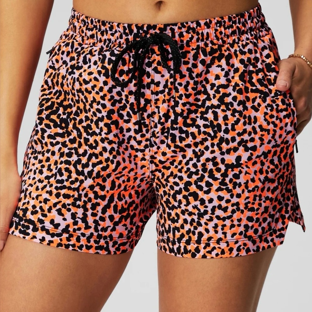 Fabletics The One 3” Shorts Orange and Black Leopard Print -XS